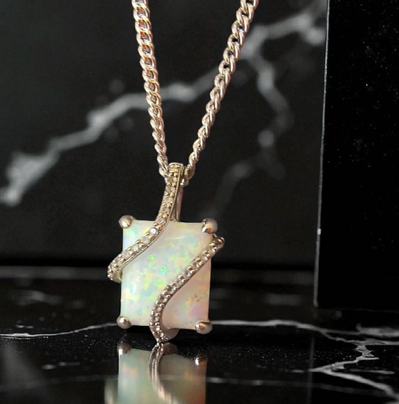 Lab Opal And Melee Diamond Designer Pendant Necklace - Picture 1 of 9